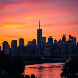 A stunning city skyline at dusk, showcasing a vibrant array of tall buildings with unique architectural designs