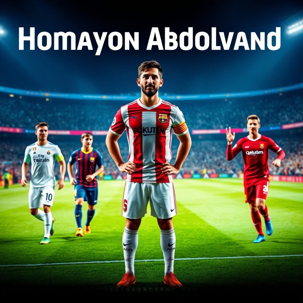 Homayon Abdolvand, a soccer team captain, stands proudly with his name above the others, surrounded by top players like Messi and Ronaldo