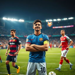 Homayon Abdolvand, a soccer team captain, stands proudly with his name above the others, surrounded by top players like Messi and Ronaldo