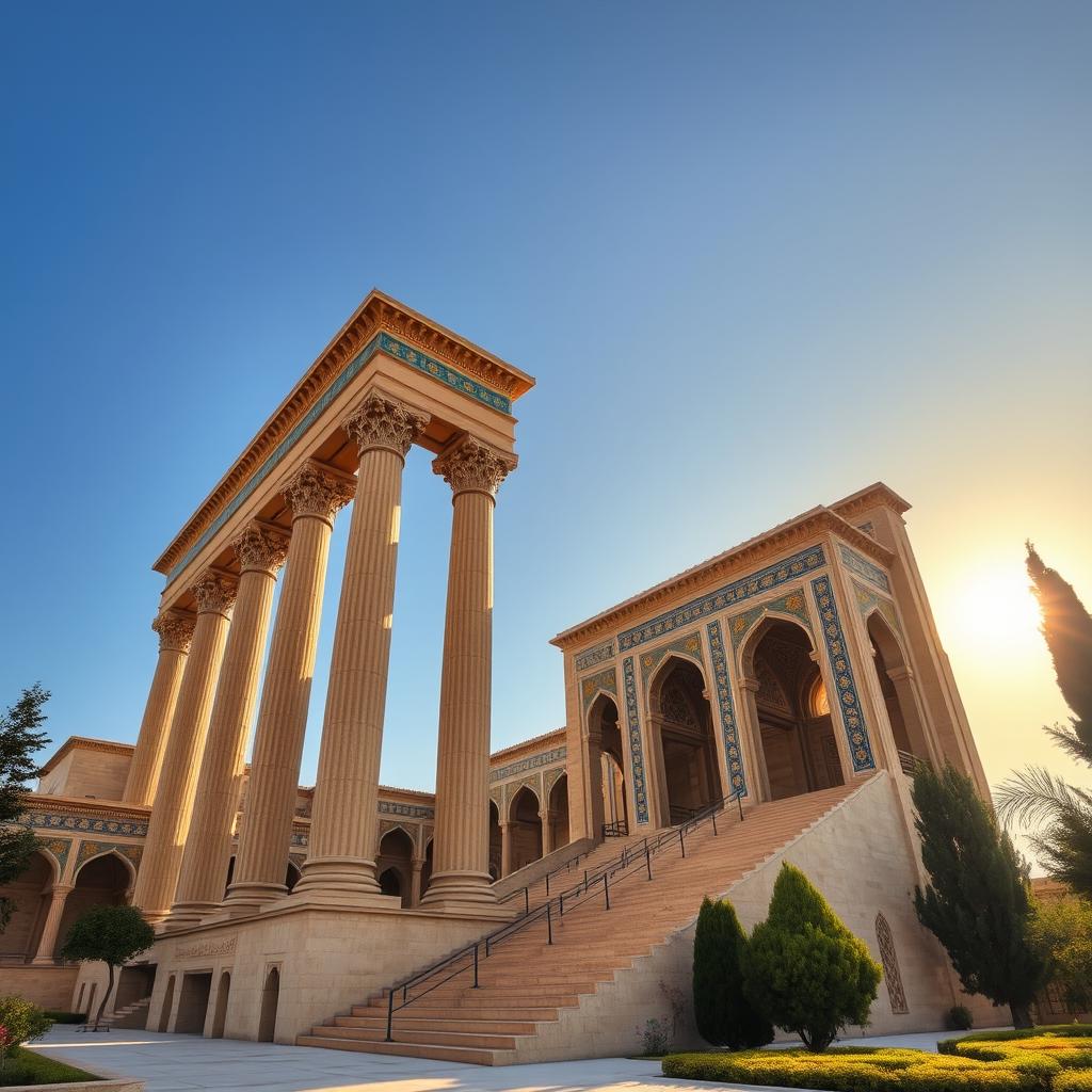 Persian architecture characterized by grand and tall columns, massive staircases, and intricate decorations, showcasing elements from the Achaemenid era