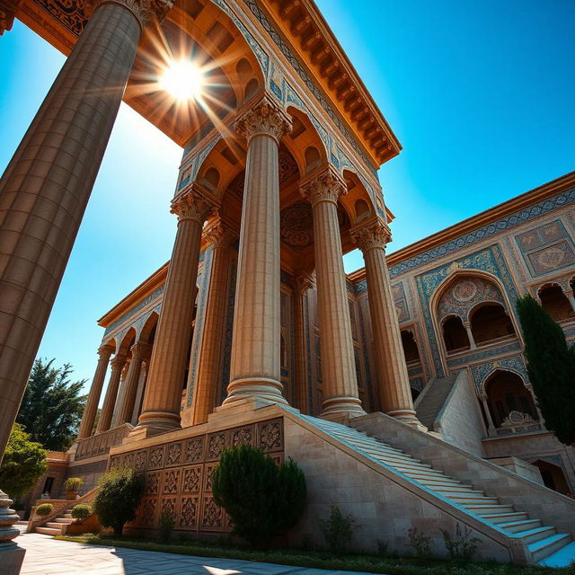 Persian architecture characterized by grand and tall columns, massive staircases, and intricate decorations, showcasing elements from the Achaemenid era