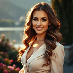 A stunning Russian woman aged 35 to 45, exuding elegance and beauty
