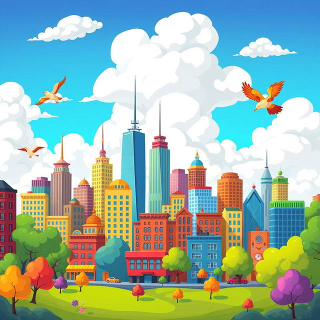 A vibrant and colorful cartoon depiction of a city skyline, featuring whimsical buildings with exaggerated shapes and sizes