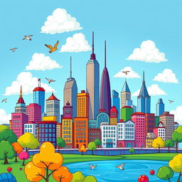 A vibrant and colorful cartoon depiction of a city skyline, featuring whimsical buildings with exaggerated shapes and sizes