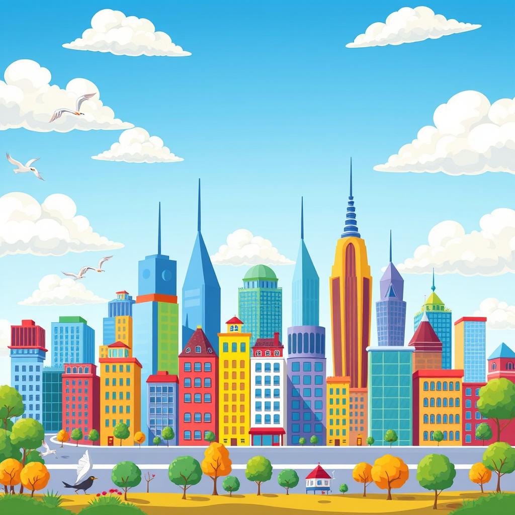 A vibrant and colorful cartoon depiction of a city skyline, featuring whimsical buildings with exaggerated shapes and sizes