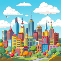 A vibrant and colorful cartoon depiction of a city skyline, featuring whimsical buildings with exaggerated shapes and sizes