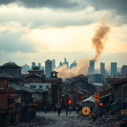 A dramatic and atmospheric depiction of Tehran during an earthquake, showcasing the city's iconic skyline with a vibrant mix of modern and traditional architecture