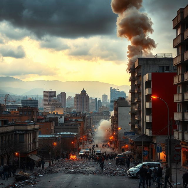 A dramatic and atmospheric depiction of Tehran during an earthquake, showcasing the city's iconic skyline with a vibrant mix of modern and traditional architecture