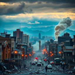 A dramatic and atmospheric depiction of Tehran during an earthquake, showcasing the city's iconic skyline with a vibrant mix of modern and traditional architecture