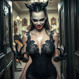 A stunning and beautiful 19-year-old woman with pale skin and thick black hair, featuring striking crystal blue cat eyes