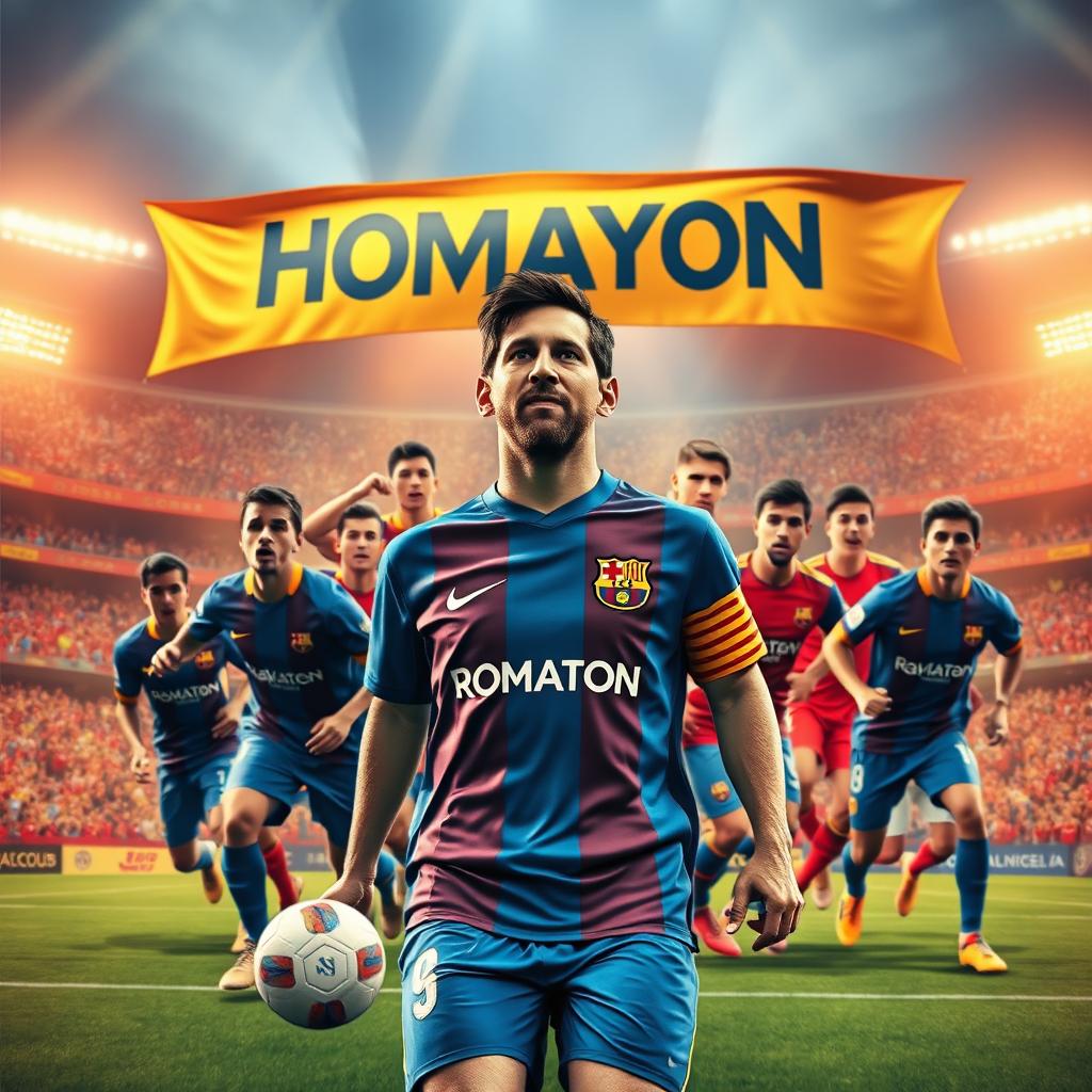 A vibrant and dynamic scene featuring a football club named 'HOMAYON' at the forefront