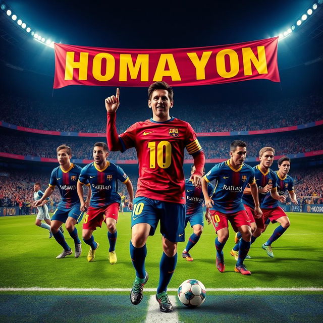 A vibrant and dynamic scene featuring a football club named 'HOMAYON' at the forefront