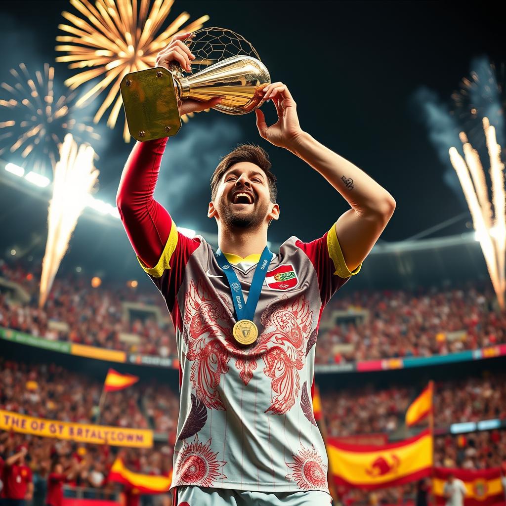 A dynamic and dramatic scene of a soccer player, reminiscent of Lionel Messi, celebrating after winning a championship trophy