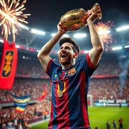 A dynamic and dramatic scene of a soccer player, reminiscent of Lionel Messi, celebrating after winning a championship trophy