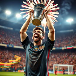 A dynamic and dramatic scene of a soccer player, reminiscent of Lionel Messi, celebrating after winning a championship trophy
