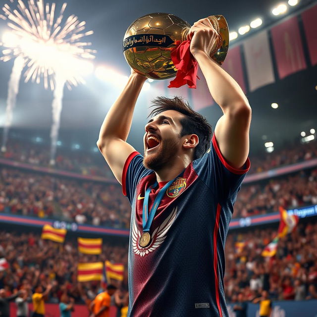 A dynamic and dramatic scene of a soccer player, reminiscent of Lionel Messi, celebrating after winning a championship trophy