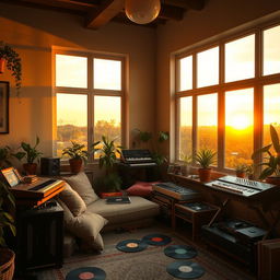 A cozy room filled with beat machines and various music players, softly lit by the warm glow of a sunset streaming through large windows