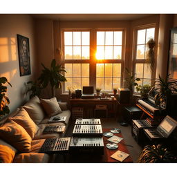A cozy room filled with beat machines and various music players, softly lit by the warm glow of a sunset streaming through large windows