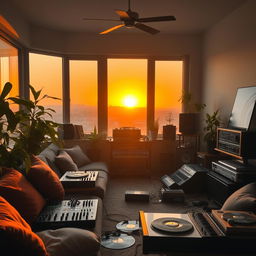 A cozy room filled with beat machines and various music players, softly lit by the warm glow of a sunset streaming through large windows