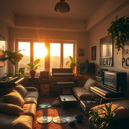 A cozy room filled with beat machines and various music players, softly lit by the warm glow of a sunset streaming through large windows