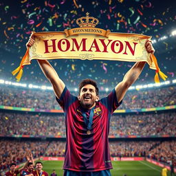 A triumphant Lionel Messi celebrating a championship with a beautiful banner reading 'HOMAYON' in elegant script, suspended above a vibrant football stadium filled with cheering fans