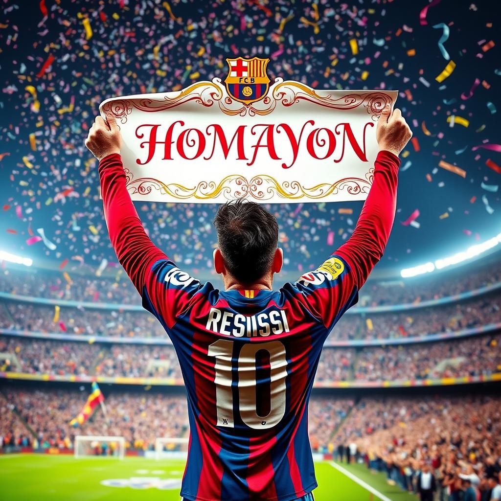 A triumphant Lionel Messi celebrating a championship with a beautiful banner reading 'HOMAYON' in elegant script, suspended above a vibrant football stadium filled with cheering fans