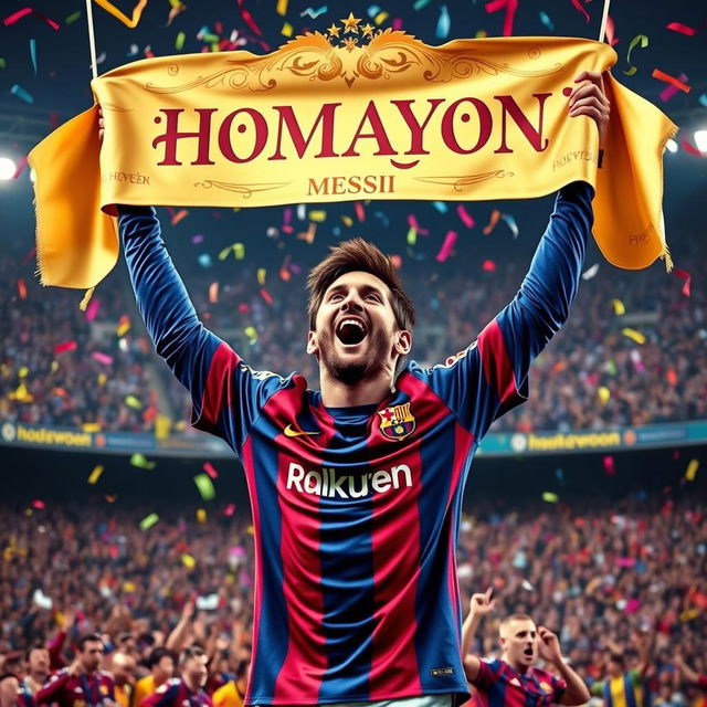 A triumphant Lionel Messi celebrating a championship with a beautiful banner reading 'HOMAYON' in elegant script, suspended above a vibrant football stadium filled with cheering fans