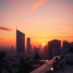 A dreamy Lofi aesthetic sunset over a bustling city skyline
