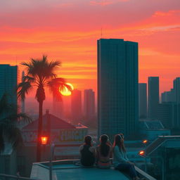 A dreamy Lofi aesthetic sunset over a bustling city skyline