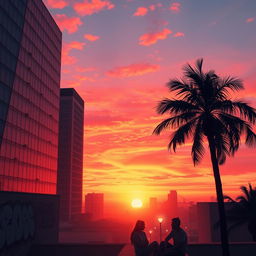 A dreamy Lofi aesthetic sunset over a bustling city skyline