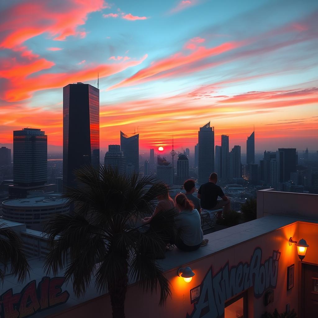 A dreamy Lofi aesthetic sunset over a bustling city skyline