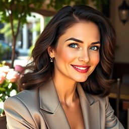A stunning Russian woman aged 35 to 45, exuding elegance and charisma