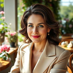 A stunning Russian woman aged 35 to 45, exuding elegance and charisma