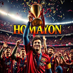 A dramatic and powerful scene depicting Lionel Messi celebrating a championship victory