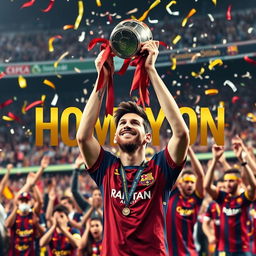 A dramatic and powerful scene depicting Lionel Messi celebrating a championship victory