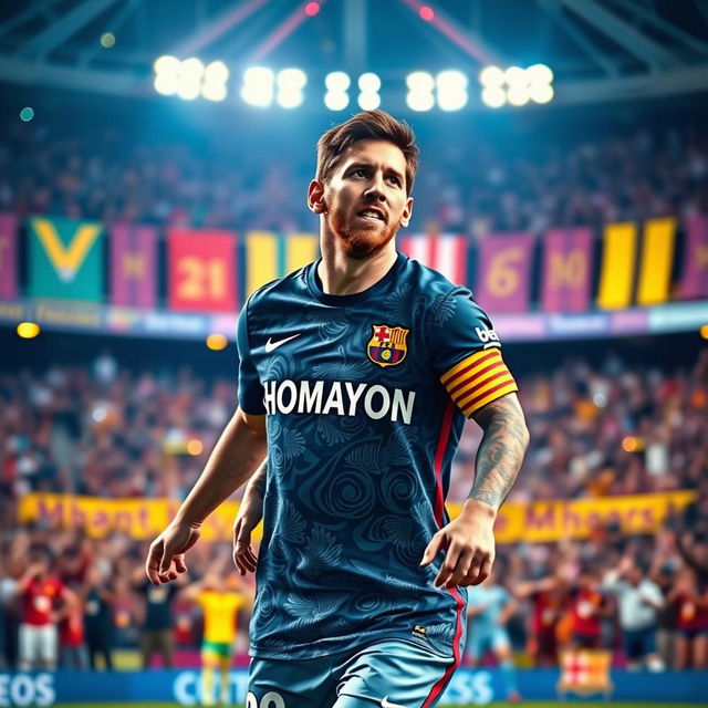 Lionel Messi, celebrated as the champion of football, proudly wearing a unique custom jersey labeled 'HOMAYON' representing his reign in the sport