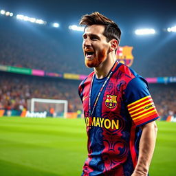 Lionel Messi, celebrated as the champion of football, proudly wearing a unique custom jersey labeled 'HOMAYON' representing his reign in the sport