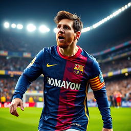 Lionel Messi, celebrated as the champion of football, proudly wearing a unique custom jersey labeled 'HOMAYON' representing his reign in the sport