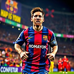 Lionel Messi, celebrated as the champion of football, proudly wearing a unique custom jersey labeled 'HOMAYON' representing his reign in the sport