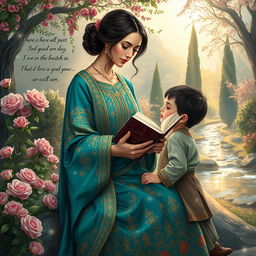 A serene and inspirational depiction of a Persian mother in a traditional setting, surrounded by mystical elements