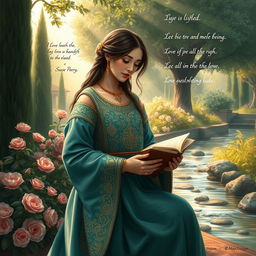 A serene and inspirational depiction of a Persian mother in a traditional setting, surrounded by mystical elements