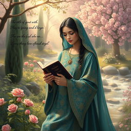 A serene and inspirational depiction of a Persian mother in a traditional setting, surrounded by mystical elements