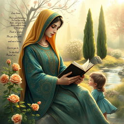 A serene and inspirational depiction of a Persian mother in a traditional setting, surrounded by mystical elements