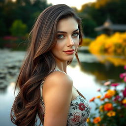 An enchanting Russian beauty aged 35 to 45, radiating sophistication and charm