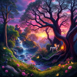 A stunning fantasy landscape featuring a mystical forest illuminated by ethereal lights, with vibrant colors showcasing the lush greenery and flowers, a flowing river reflecting the twilight hues, and fantastical creatures like fairies and unicorns frolicking among the trees