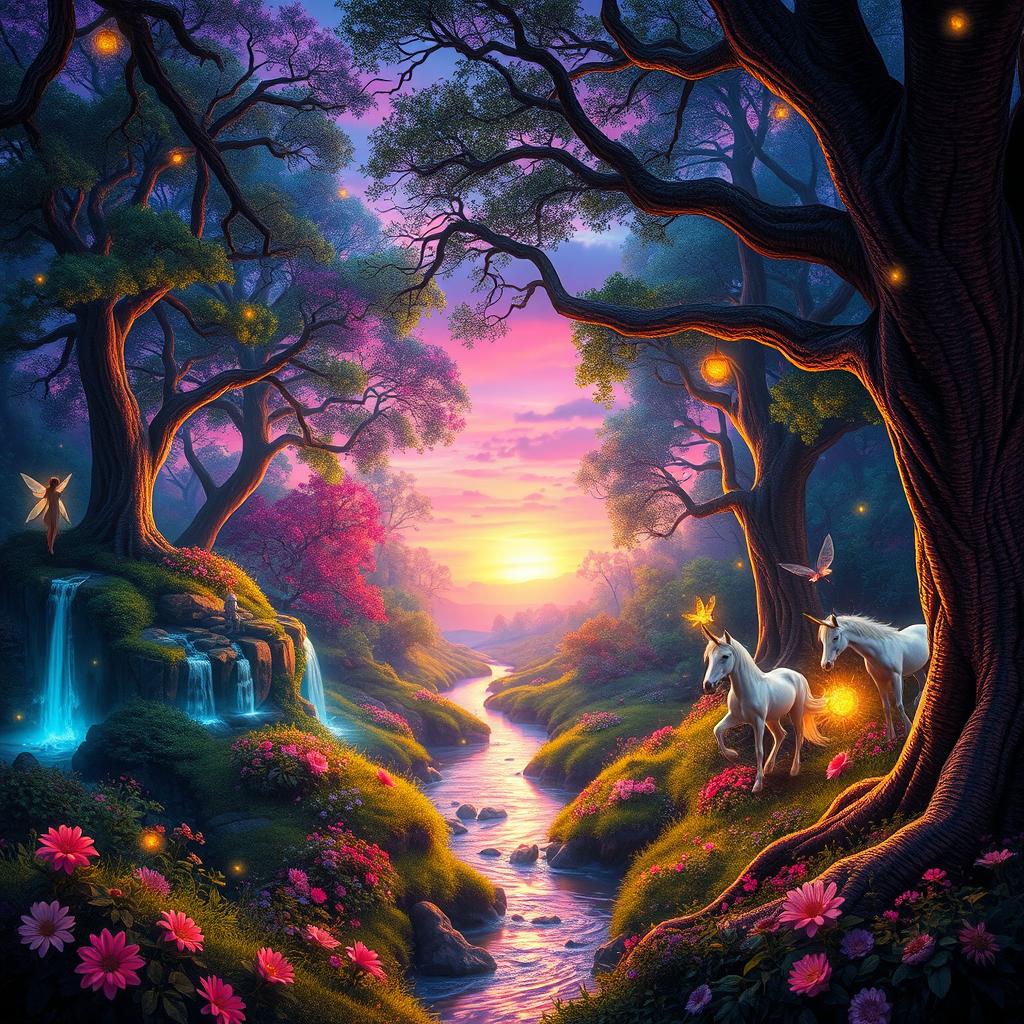 A stunning fantasy landscape featuring a mystical forest illuminated by ethereal lights, with vibrant colors showcasing the lush greenery and flowers, a flowing river reflecting the twilight hues, and fantastical creatures like fairies and unicorns frolicking among the trees