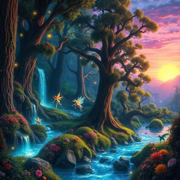 A stunning fantasy landscape featuring a mystical forest illuminated by ethereal lights, with vibrant colors showcasing the lush greenery and flowers, a flowing river reflecting the twilight hues, and fantastical creatures like fairies and unicorns frolicking among the trees