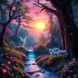 A stunning fantasy landscape featuring a mystical forest illuminated by ethereal lights, with vibrant colors showcasing the lush greenery and flowers, a flowing river reflecting the twilight hues, and fantastical creatures like fairies and unicorns frolicking among the trees