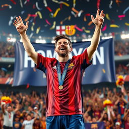 Lionel Messi celebrating a championship victory, standing in a victorious pose with his arms raised in triumph