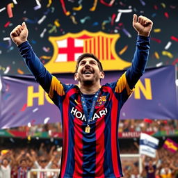 Lionel Messi celebrating a championship victory, standing in a victorious pose with his arms raised in triumph